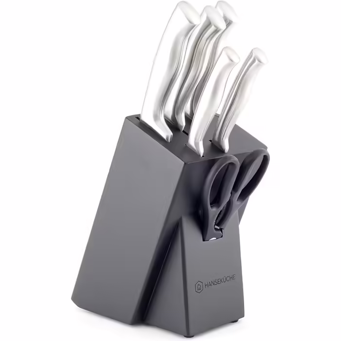 Hanseküche Knife Block - 7-Piece Knife Set with Integrated Sharpener - Knife Holder with Knives - Kitchen Knife Set Chef's Knife, Knife Set with Block, Black Knives