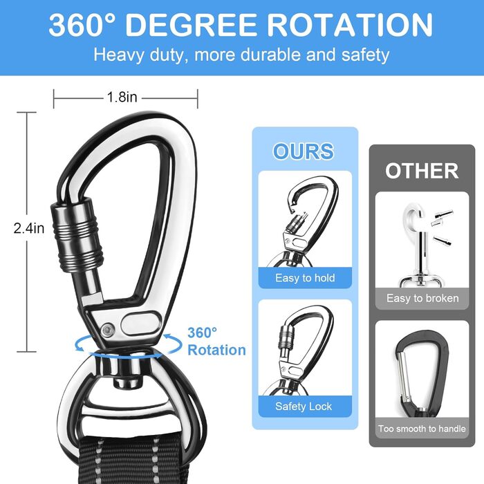 Міцна тактична повідок для собак Chioratree для середніх та великих собак, амортизуюча повідок-банджі з 2 м'якими ручками, страхувальний ремінь для авто, світловідбиваюча повідок для собак, Рожевий (1.2м-1.8м, Чорний)