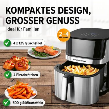 Gourmetmaxx 4-in-1 Digital Air Fryer | Powerful Air Fryer 2200 W | Low-Fat + Energy-Saving Frying with Touch Display & Timer Function - 7.5L | [Includes 10 Programs] Stainless Steel / Black 7.5 Liters