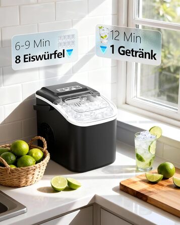 Машина для приготування льоду Eiswürfelmaschine Klein: портативна, 12 кг/24 год, 8 кубиків за 6 хв, 2 розміри, самоочищення для дому, кухні, кемпінгу, вечірки, RV