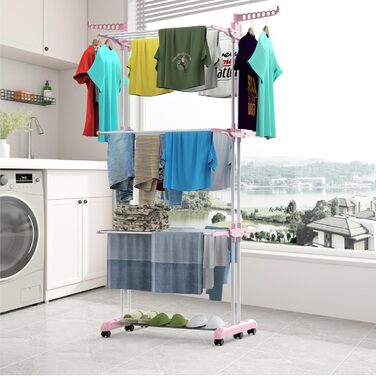 Foldable Stainless Steel Clothes Drying Rack with Wheels, Portable, for Indoor and Outdoor Use, White/Gray (Blue+White)