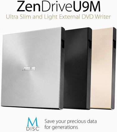 Зовнішній ультратонкий DVD-записувач Asus ZenDrive U9M USB-C/USB-A, сріблястий (для Apple та Windows, з кабелями та ПЗ)