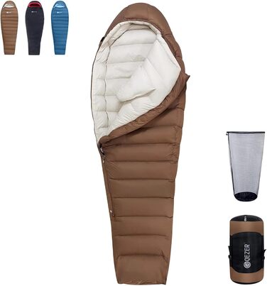 Пуховий спальний мішок для дорослих та дітей, легкий зимовий спальник Outdoor 8°C ~ -30°C для кемпінгу та альпінізму з 650 FP гусячим пухом (кава, 1500г пуху)