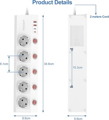 Мережевий фільтр 5-портовий з USB, індивідуальне вмикання, білий (3680W/16A) з 2 USB-C та 2 USB-A, швидка зарядка, захист від перенапруги, дитячий захист для офісу