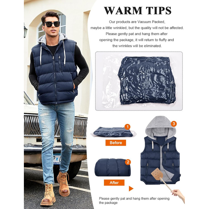 Чоловіча степна жилетка Vancavoo з капюшоном, тепла зимова жилетка для активного відпочинку, спортивна жилетка, перехідна куртка (темно-синій, L)