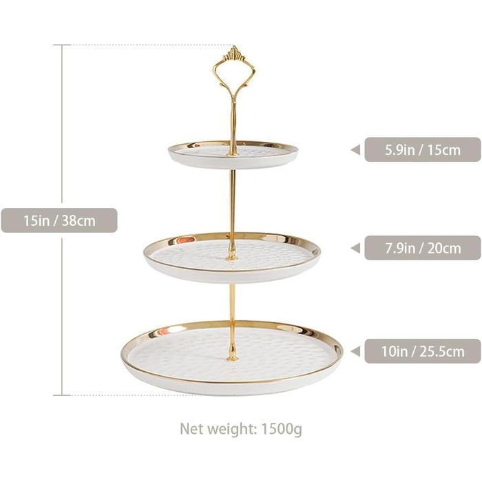 Керамічний підставка для тістечок з 3 ярусами, золоті акценти, для фруктів, десертів та декору столу (біла)