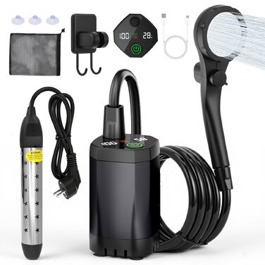 Camping душ з підігрівом та насосом, USB зарядка, цифровий дисплей – портативний душ 6000mAh для кемпінгу, саду, авто, тварин, чорний