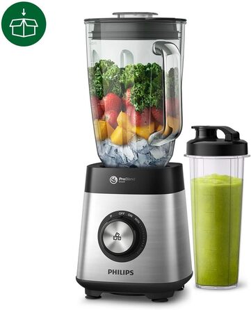 Philips Blender and Smoothie Maker – 1000W, 2-Liter Glass Jar, HomeID App, Variable Speed, ProBlend Crush, Drinking Cups (HR3573/90)