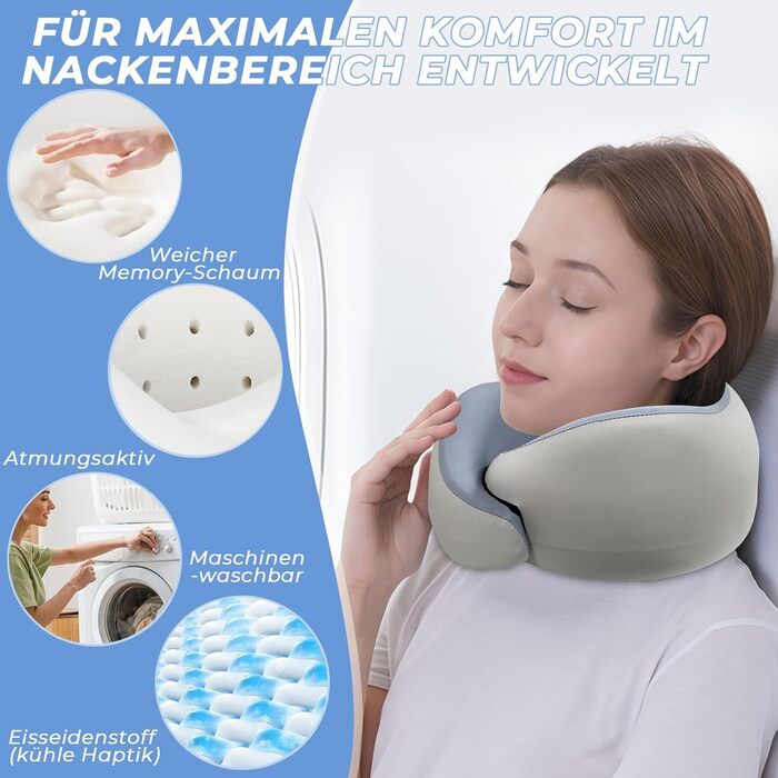 Memory Foam Travel Pillow with Storage Box - Orthopedic Neck Pillow for Airplane, Car, Train - Bluegray Ice Silk