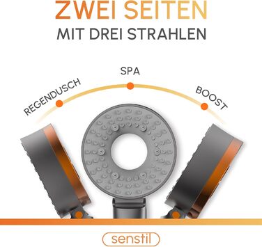 senstil® Premium Shower Head with Hose | Up to 60% water-saving hand shower | 3 Spray Modes | SPA, Rain Shower, Booster | Optimal water pressure, Smart-Stop button saves water & energy (White) (Orange)