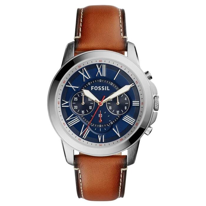 Годинник Fossil Grant для чоловіків: кварцовий хронограф, сталевий або шкіряний ремінець (44 мм, блакитний та коричневий)