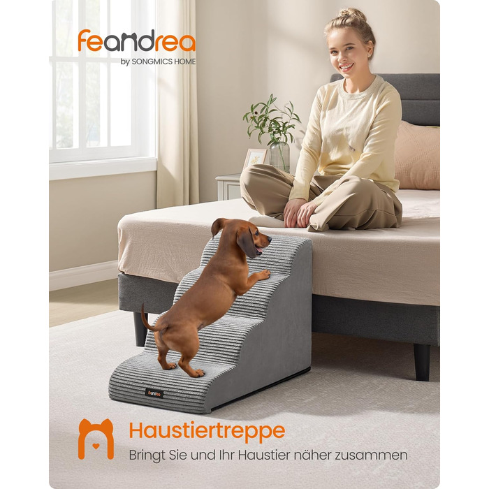 Сходинки для собак Feandrea, 3 ступені, для маленьких собак, котів, водонепроникні, з неслизьким покриттям, знімний чохол, сірого кольору PPS003G01 (4 ступені, 72 см)