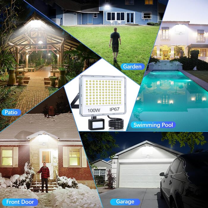 LED Floodlights with Motion Sensor Outdoor 100W 2 Pack, 10000LM LED Spotlights with Motion Sensor, 6500K Cool White Outdoor Floodlights, IP67 Waterproof Floodlights for Warehouse, Garden, Garage (100W-1PC)