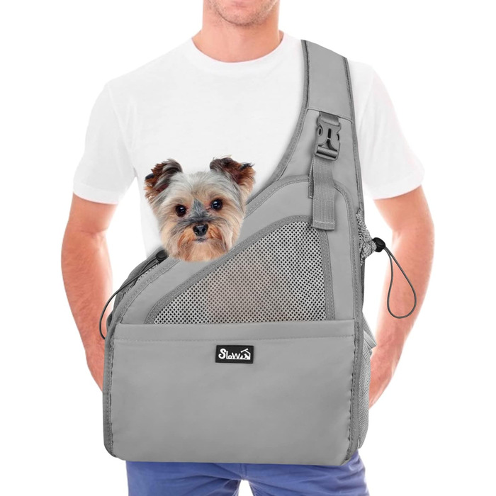 Сумка-переноска для собак та цуценят до 7 кг, сірого кольору. Зручна, з регульованим ремінцем, м'яка підкладка, сітчаста вентиляція, міцна основа, кишеня на блискавці, легко миється.