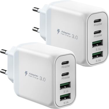 Набір зарядних пристроїв USB-C 40W (2 шт) з підтримкою PD3.0 та QC3.0. Підходить для iPhone, iPad, Samsung, Xiaomi, Google. Білий колір.