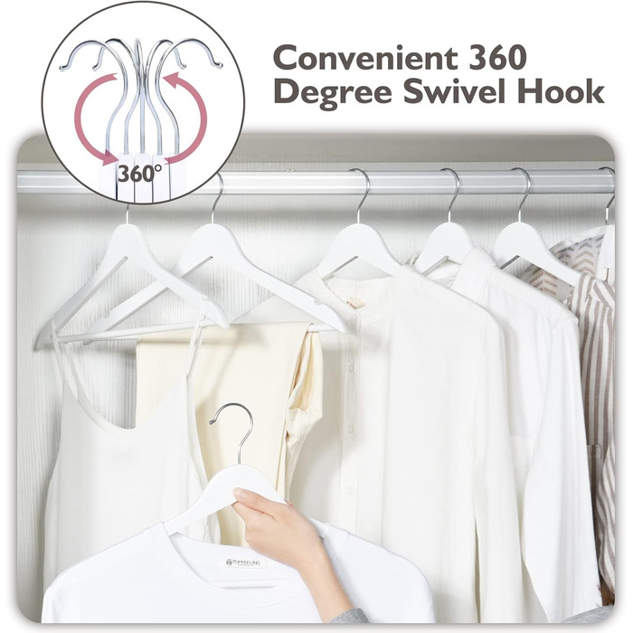 Edergoo Clothes Hangers Wood 20 Pack, Smooth Surface White with 360 Degree Rotation and Shoulder Notches, Strong & Thin Wood Clothes Hangers Suit for Adults, 43.5cm Long