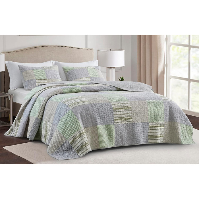 Комплект ковдр Chezmoi Collection Quinn: 3 шт. з квітковим візерунком гібіскуса, смугастий, з бавовни, легко переться – легка двостороння ковдра, розмір Queen (Плед Candy Patchwork Зелений Сірий)