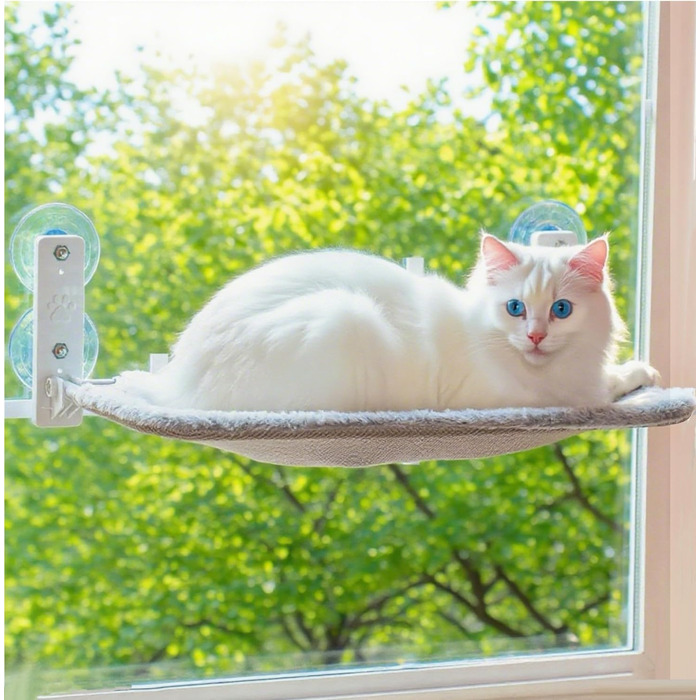 Кішка ліжко на вікно - гамак для котів з міцними присосками до 18 кг, знімний та перевертаний чохол, Fatbar & Stabi (Сірий, L)