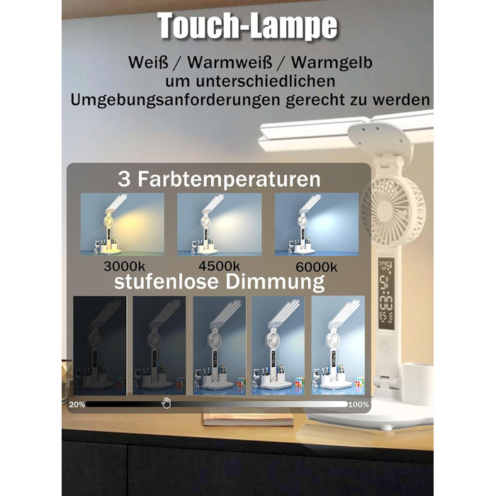 LED-лампа настільна з вентилятором для дітей WLHONG з годинником, тримачем для ручок, календарем та датчиком температури, 3 режими кольору, регульована яскравість, ідеальна для читання