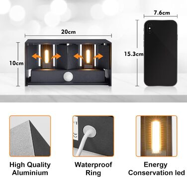 LED вуличний світильник Celavy з датчиком руху, антрацит, IP65, для балкона та тераси, вулична настінна лампа