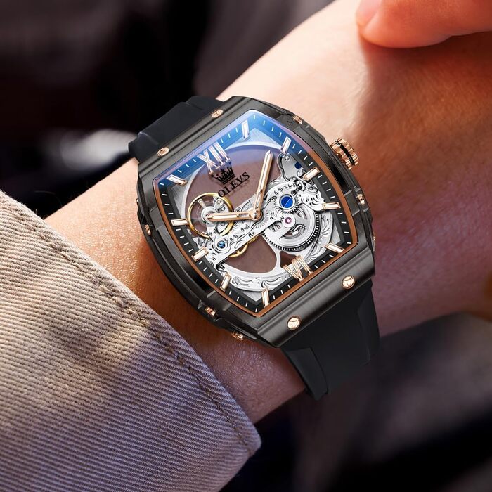 Чоловічий скелетон годинник OLEVS автоматичний, розкішний годинник зі сталі з великим циферблатом, календарем та підсвіткою, водонепроникний (Колір: Розове золото)