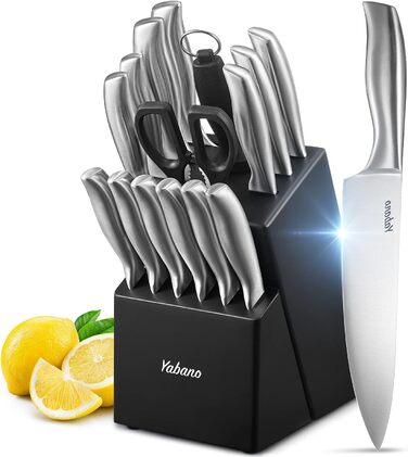 Yabano 16-Piece Professional Stainless Steel Knife Set with Wooden Block - Chef's Knife Set