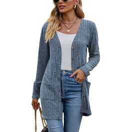 Кардиган жіночий з довгим рукавом, відкритий спереду, на ґудзиках, V-подібний виріз, легкий, з кишенями, XXL, блакитний