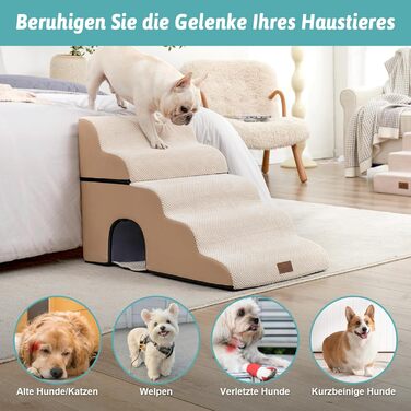Dog Stairs for Small Dogs, Pet Stairs for Loft Bed made of High-Density Foam, Dog Stairs Dog Ramp with Washable Cover (83x50x57cm-Hole, 5.0) (Beige)
