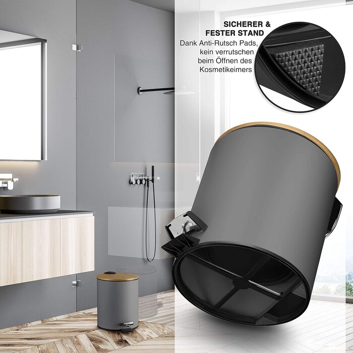 Смітник для косметики VMbathrooms на 3-5 л з педаллю, бамбуковою кришкою та системою Soft-Close, сірий матовий