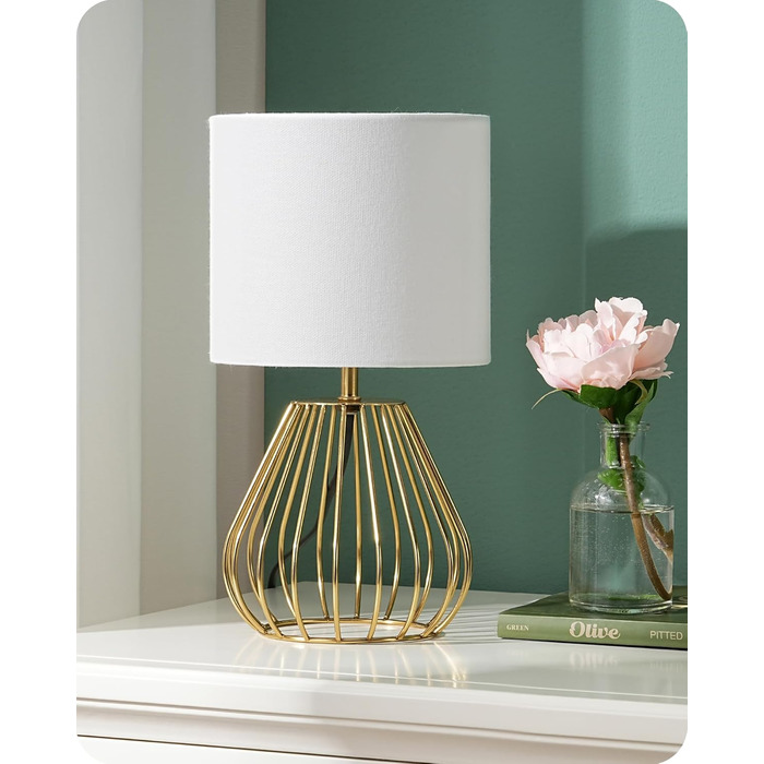 EDISHINE Настільна лампа, сучасний дизайн, індустріальний стиль, Е14 цоколь, вінтажна, для спальні/вітальні, бежево-чорна (льон + золото)