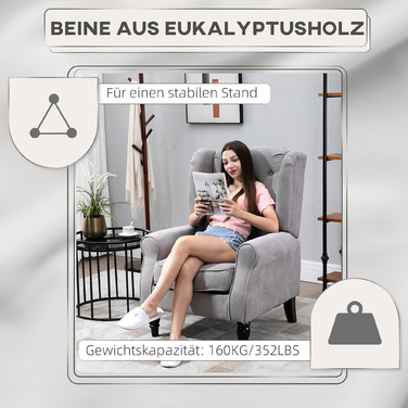 HOMCOM Armchair with High Backrest, Weight Capacity up to 160kg, Single Armchair for Living Room, Comfortable Wingback Chair, Grey