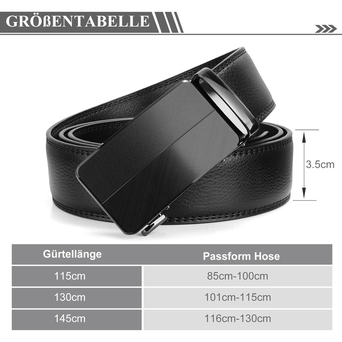 Чоловічий шкіряний ремінь WHIPPY Automatik з пряжкою, ширина 35 мм, чорний, довжина 115 см (підходить для штанів 85-100 см)