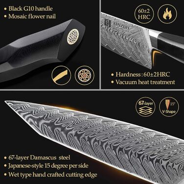XINZUO ніж кухарський Дамаск 21.5см, Kiritsuke Gyuto, професійний, сталь G10, магнітний чохол, серія Feng