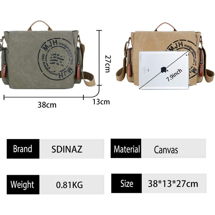 SDINAZ Сумка-месенджер Leinwand Army Green для iPad 7.9 дюймів, унісекс, з міцного полотна, для роботи та подорожей (DE940)