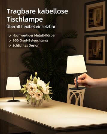 Світлодіодні настільні лампи EZVALO бездротові, 2 шт., IP65, USB-C, диммер сенсорний, 3 режими світла, для дому та кемпінгу (Чорні)