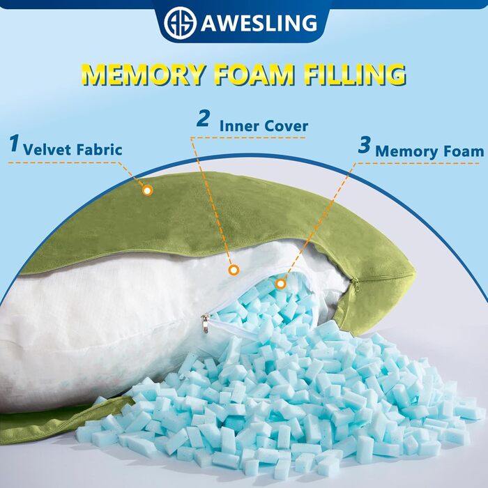 Подушка для вагітних AS AWESLING U-подібної форми, повного тіла, для годування, підтримки, знімний чохол (зелений, з піною з пам'яті)