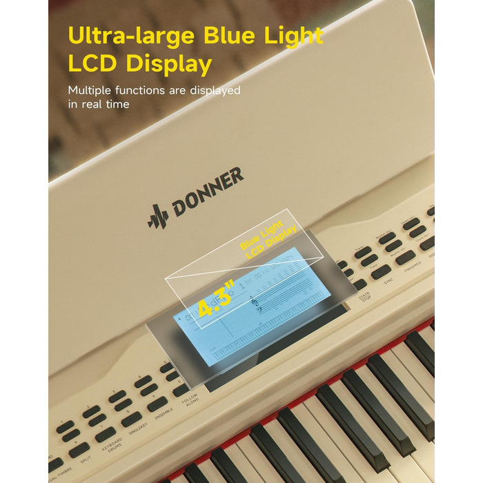 Цифрове піаніно Donner DDP-95 для початківців з 88 важними клавішами, бездротове підключення, LCD дисплей, 610 тембрів, 600 ритмів, 3 навчальні режими, біле