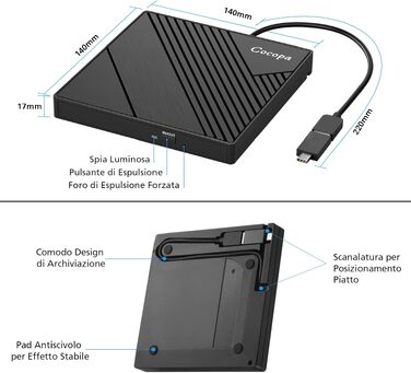 Зовнішній USB 3.0 CD/DVD-привід Cocopa Masterizzatore: портативний Ultra Slim DVD-RW/CD-RW плеєр для ноутбука та ПК (Windows, macOS, Linux)