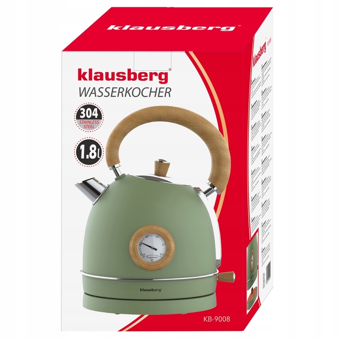 Електричний чайник Klausberg KB-9007 Retro, 1.8 л, сталь 304, Зелений + Дерево