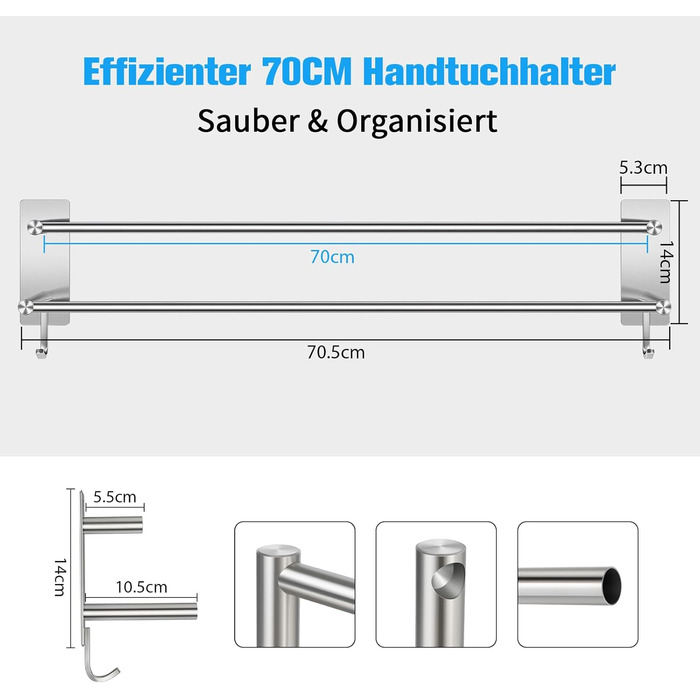 Тримач для рушників без свердління, 60 см, самоклеючий, з гачками, нержавіюча сталь, вологостійкий, для ванної кімнати та кухні (сріблястий)