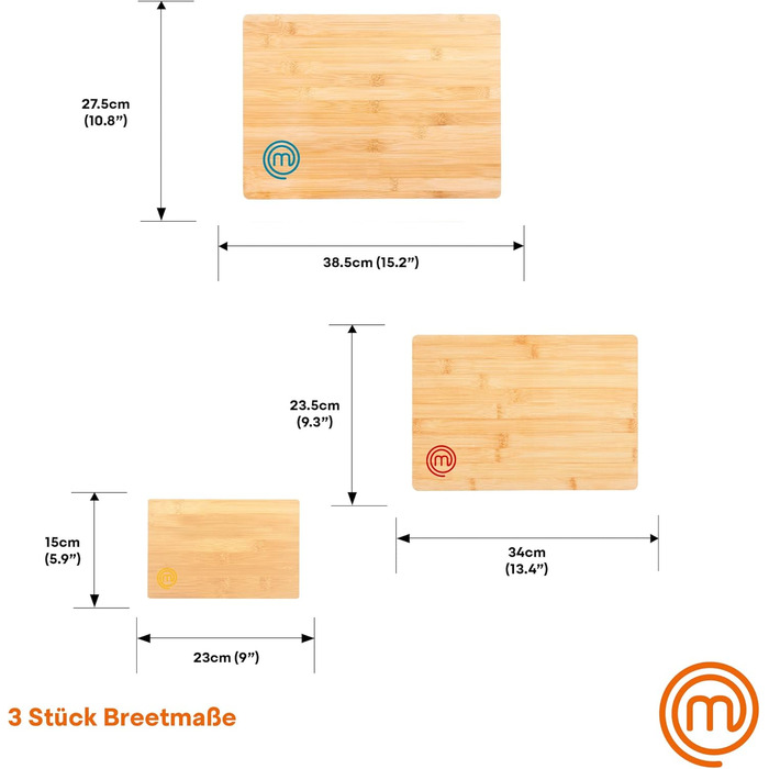 Набори дерев'яних обробних дощок MasterChef: великий (38x27,5 см), середній (34x23,5 см), маленький (23x15 см) з канавкою для соку, 3 шт.