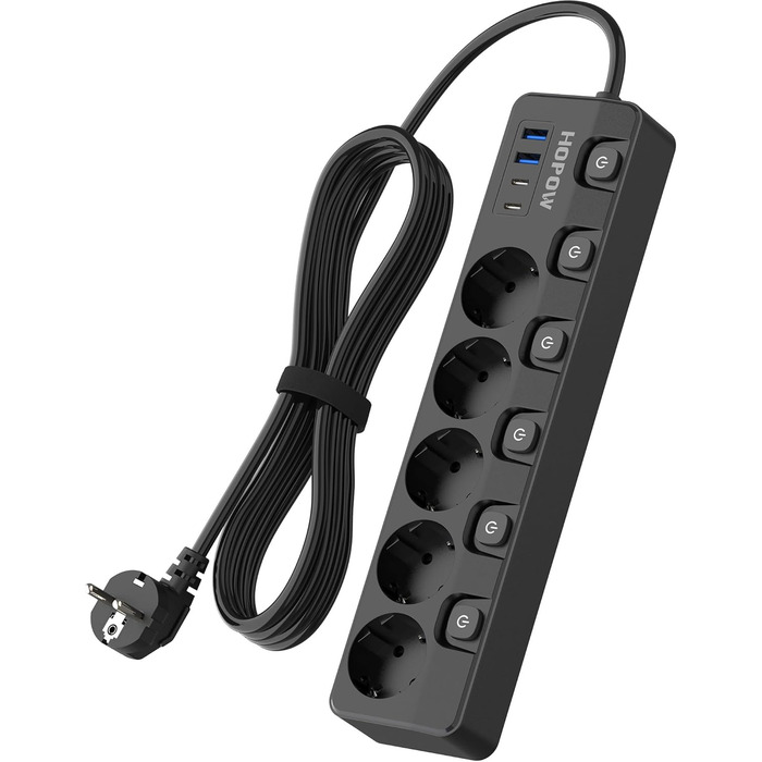 Мережевий фільтр 9-в-1 з індивідуальним вимикачем, 5 розеток, 4 USB-порти (3680W, 16A), захист від перенапруги 1050 Дж, настінний монтаж, 2 м кабель - для дому, офісу та подорожей, чорний