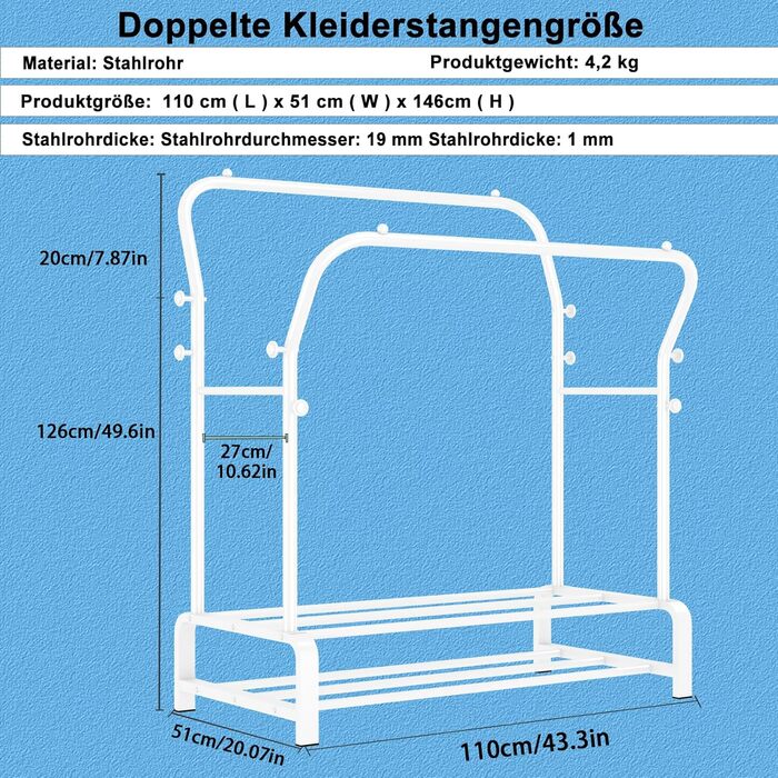 Вішалка для одягу металева подвійна з гачками та полицею для взуття, біла - Stabil