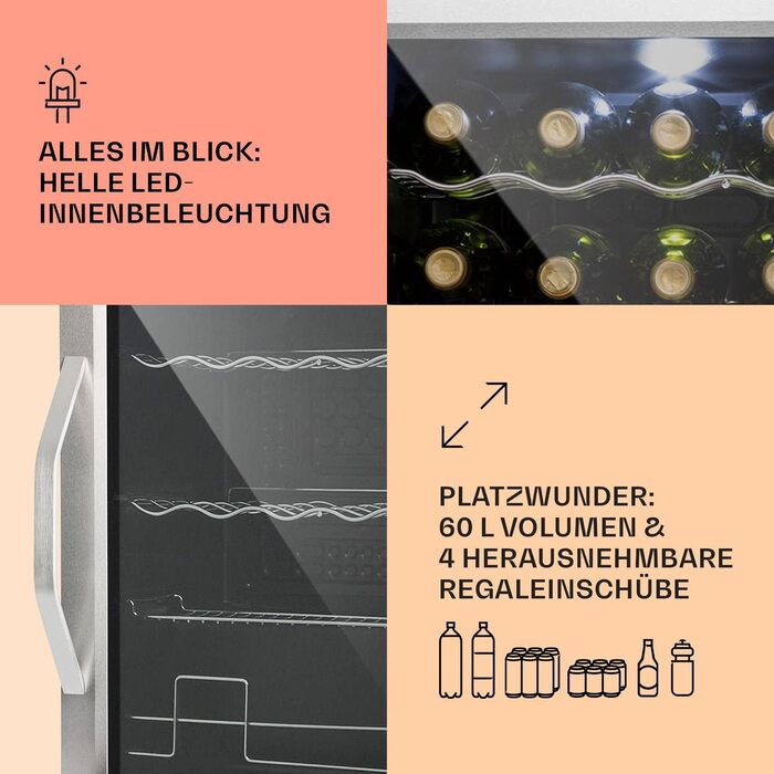 Міні-холодильник Klarstein з дверцятами зі скла, 60 літрів, для кімнати, тихий, срібно-чорний