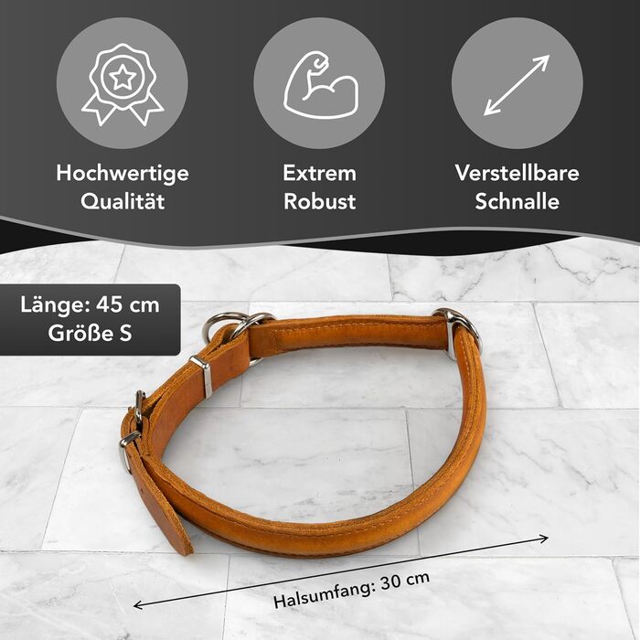 Rund & Weich - Stop Dog Collar L - 55cm with Adjustable Buckle and Integrated Stable Core, Leather Collar with Pull Limiter, Gentle on Fur Pull Stopper, Cowhide Leather (45 S, Cognac)