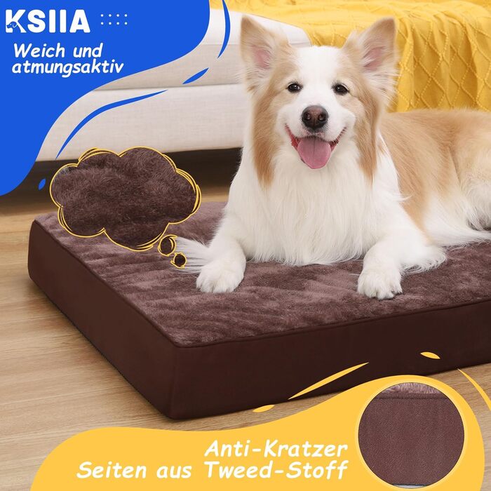 KSIIA Orthopedic Dog Bed for Large Dogs, XL Washable Dog Cushion Fluffy Dog Mat Dog Mattress with Removable Cover in 105x70x8cm (L 120 x W 75 x H 9 cm, Praline)