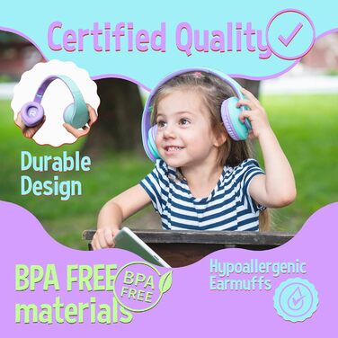 Дитячі навушники PowerLocus Bluetooth з обмеженням гучності 85dB, складні, з чохлом, Over-Ear, бездротові та провідні з мікрофоном, Micro-SD для телефону, ПК, планшета, зелені