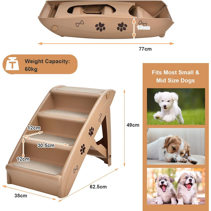 Сходинка для тварин SOARS: 4 сходинки, килимок з повсті, для котів та собак до 60 кг, антиковзаюча, для ліжка, авто, дивану (Коричневий)