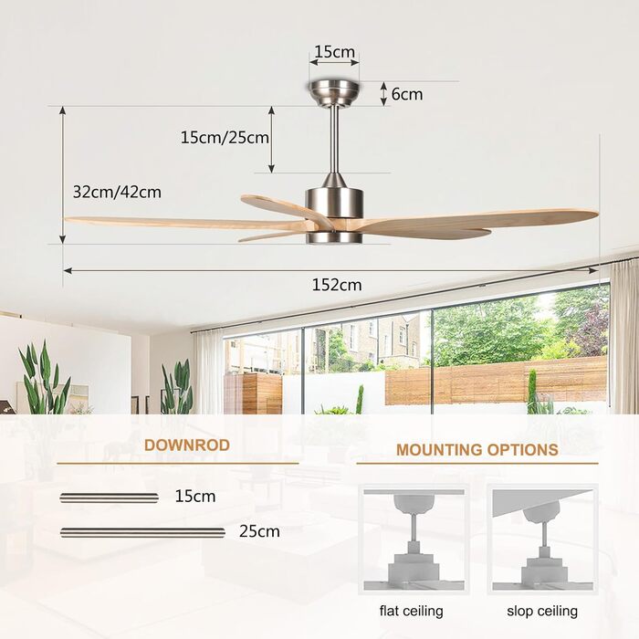 Стеляний вентилятор Reiga з імітацією дерева, 165 см, DC-двигун, керування пультом та Smart Home, 6 швидкостей, колір дерево, для внутрішнього/зовнішнього використання, з підсвічуванням