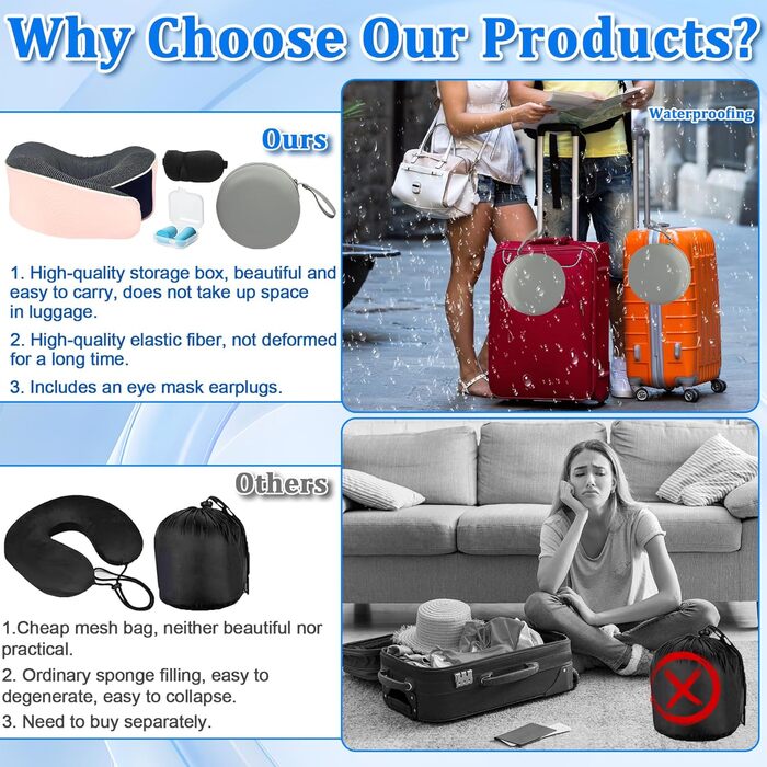 Подушка для шиї в літак, 360° - подушка для подорожей з піною Memory Foam, набір для дорослих - ергономічна, з коробкою для зберігання, маскою для очей та навушниками (Рожева)